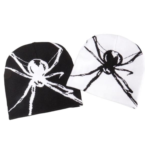Badass black and white spider beanie edgy rocker goth NEW - Picture 5 of 5